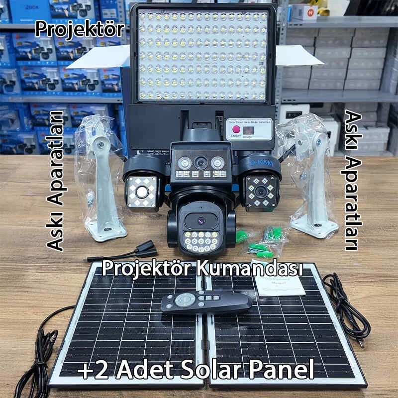 O-Kam Premium 4G 12MP SIM Kartlı 4 Kameralı 4 Görüntülü 3 Adet Solar Panel Kumandalı Projektörlü Renkli Gece Görüşlü Güvenlik Kamerası