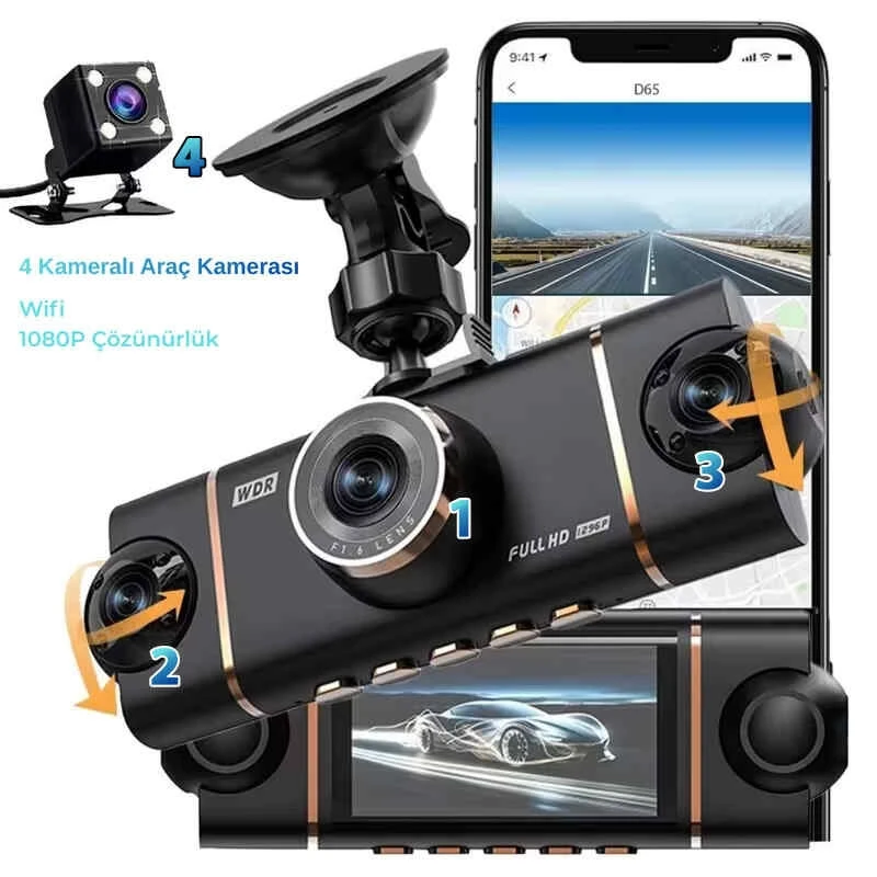 MPIA Premium 1080P Full Hd 4 Kameralı Wifi Özellikli Telefondan İzleme Arka Park Kamerası Sensörlü Lcd Ekranlı Araç Kamerası