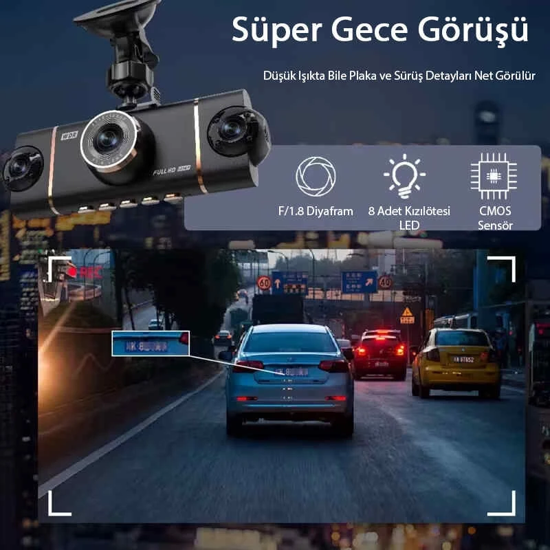 MPIA Premium 1080P Full Hd 4 Kameralı Wifi Özellikli Telefondan İzleme Arka Park Kamerası Sensörlü Lcd Ekranlı Araç Kamerası