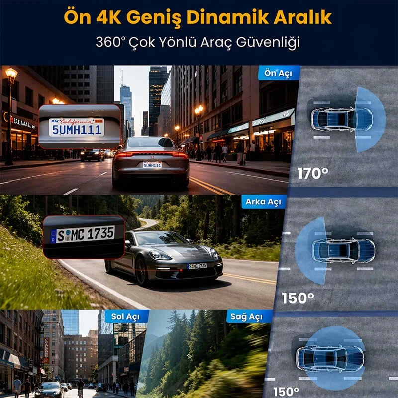 MPIA Premium 1080P Full Hd 4 Kameralı Wifi Özellikli Telefondan İzleme Arka Park Kamerası Sensörlü Lcd Ekranlı Araç Kamerası