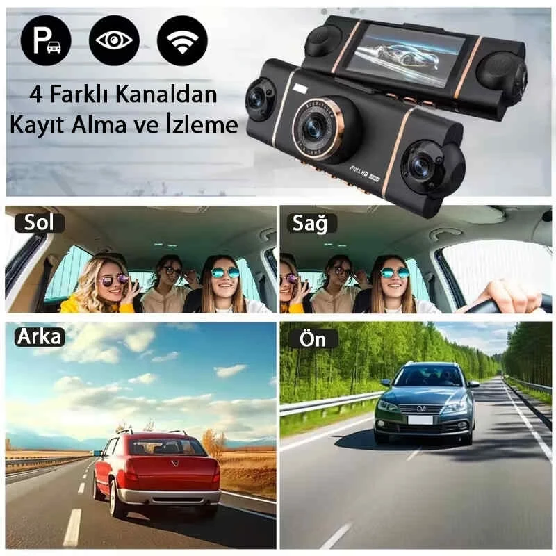 MPIA Premium 1080P Full Hd 4 Kameralı Wifi Özellikli Telefondan İzleme Arka Park Kamerası Sensörlü Lcd Ekranlı Araç Kamerası