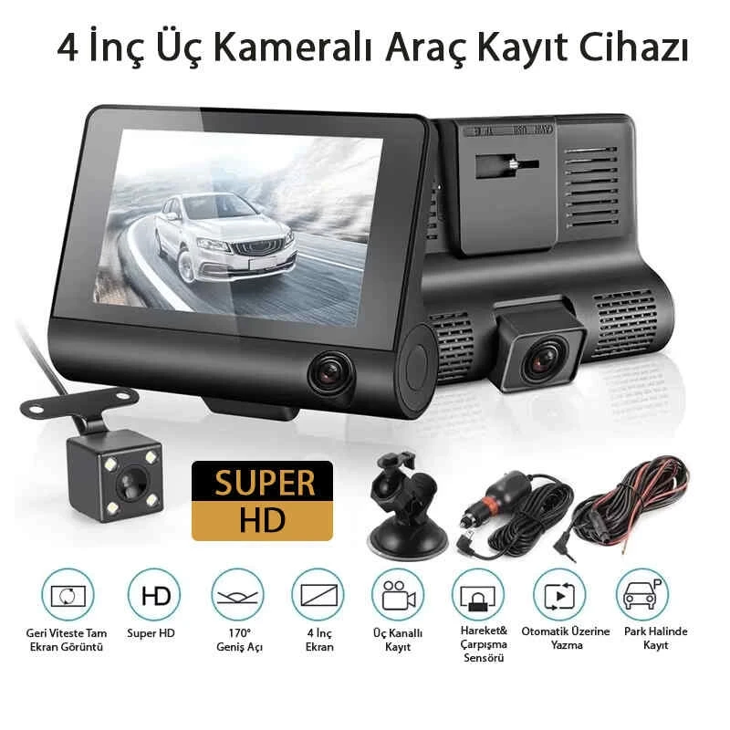 MPIA Süper Hd 3 Kameralı Büyük Ekranlı Arka Park Kameralı Sensörlü Lcd Ekranlı Araç Kamerası