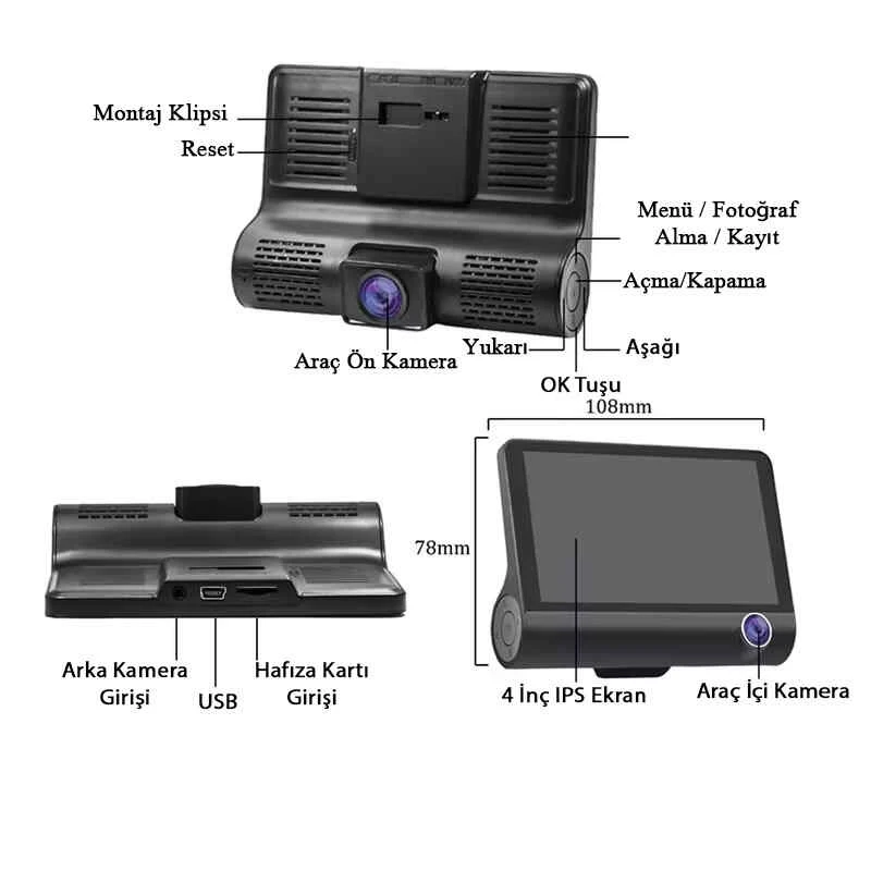 MPIA Süper Hd 3 Kameralı Büyük Ekranlı Arka Park Kameralı Sensörlü Lcd Ekranlı Araç Kamerası