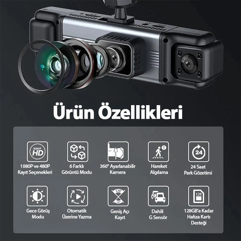 MPIA 1080P Full Hd 4 Kameralı Telefondan İzleme Arka Park Kamerası Sensörlü Lcd Ekranlı Araç Kamerası