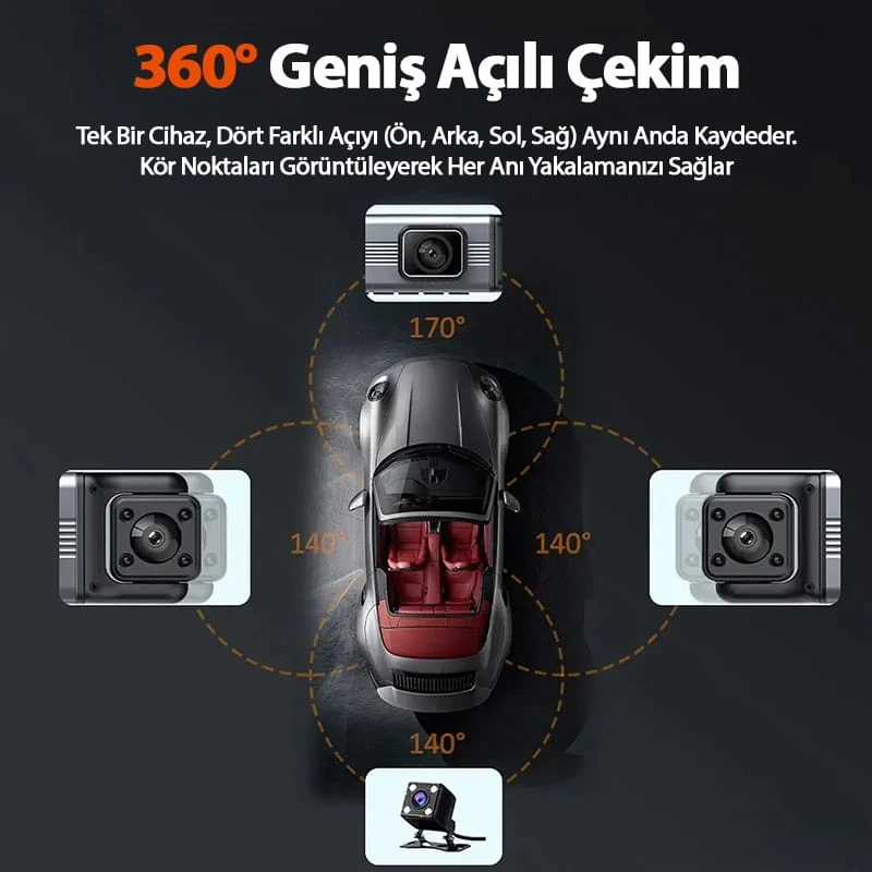 MPIA 1080P Full Hd 4 Kameralı Telefondan İzleme Arka Park Kamerası Sensörlü Lcd Ekranlı Araç Kamerası