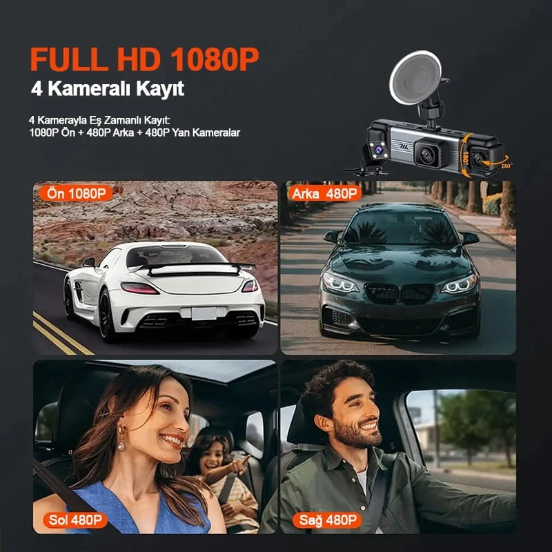 MPIA 1080P Full Hd 4 Kameralı Telefondan İzleme Arka Park Kamerası Sensörlü Lcd Ekranlı Araç Kamerası
