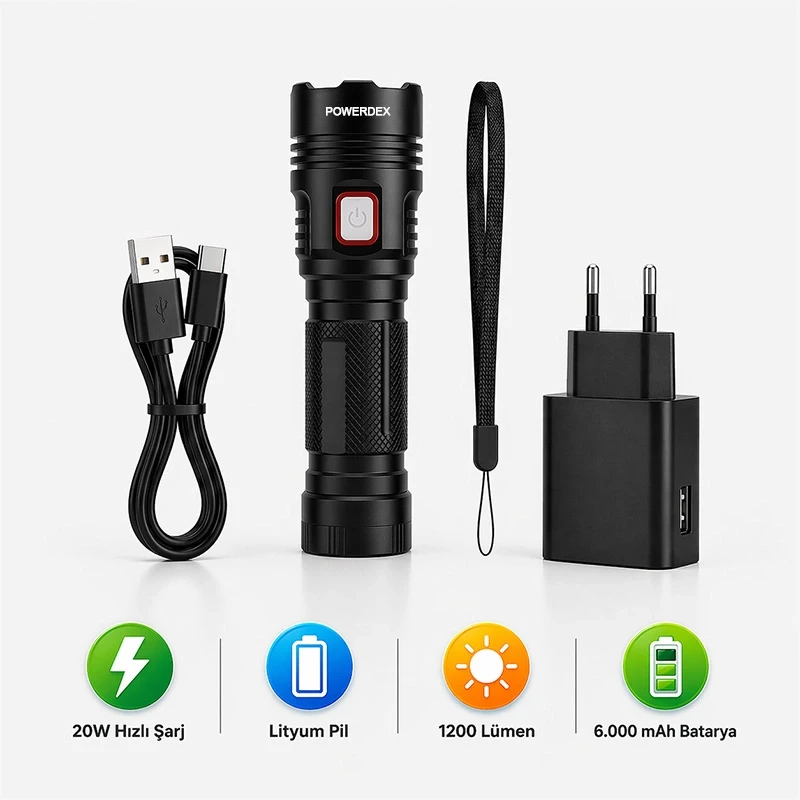 20W 1200 Lümen Profesyonel El Feneri 6000 Mah Metal Gövde Kompakt Tasarım