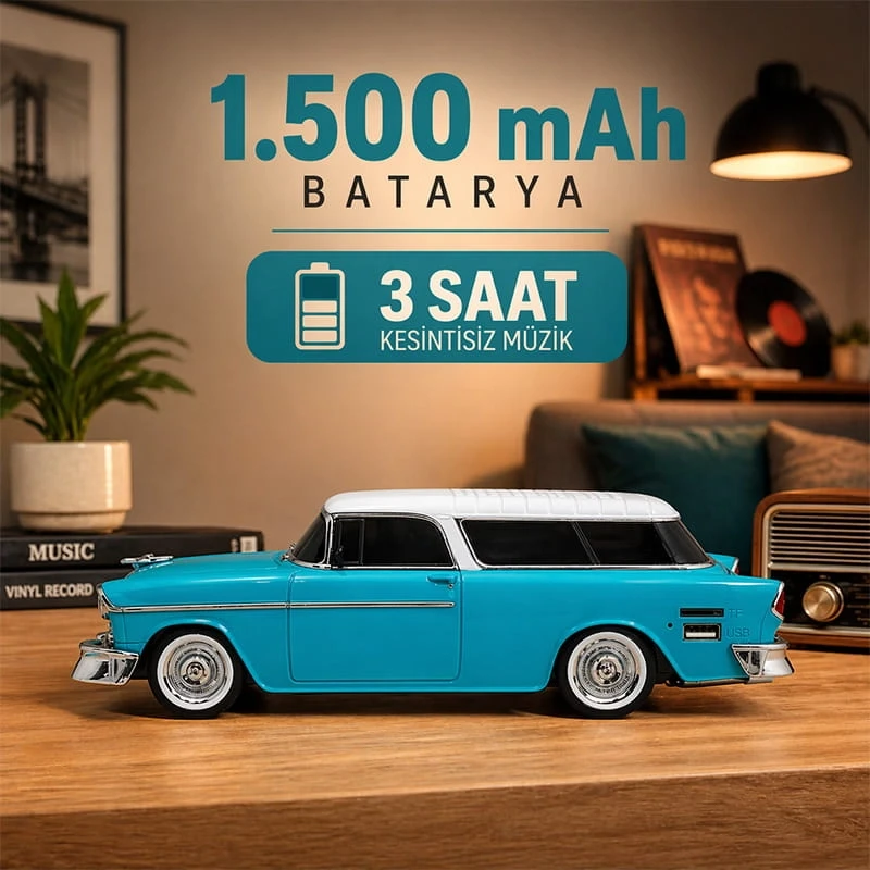 1955 Model Klasik Araba Bluetooth Hoparlör Speaker 10 Watt Fm Radyo Sd Kart USB Turkuaz