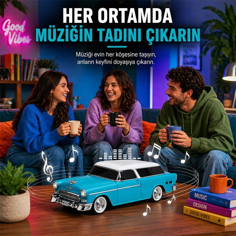 1955 Model Klasik Araba Bluetooth Hoparlör Speaker 10 Watt Fm Radyo Sd Kart USB Turkuaz