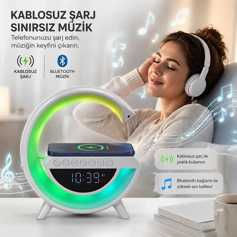G Harfi Kablosuz Şarj Özellikli Dijital Saatli ve Alarmlı Rgb Ledli Temassız Şarjlı Bluetooth Hoparlör BT-3401
