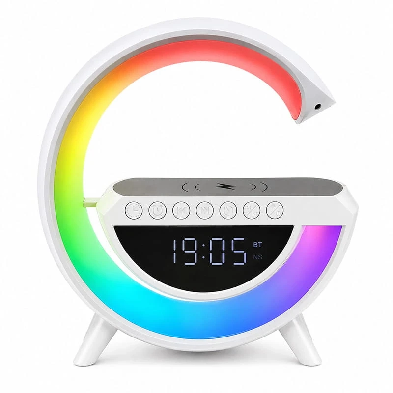 G Harfi Kablosuz Şarj Özellikli Dijital Saatli ve Alarmlı Rgb Ledli Temassız Şarjlı Bluetooth Hoparlör BT-3401