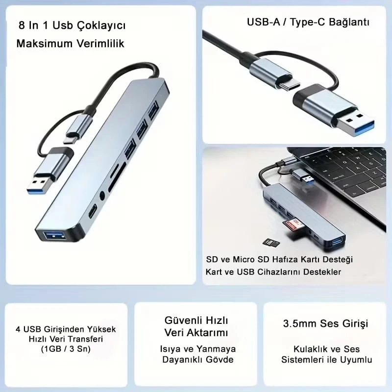 8 In 1 Usb Çoklayıcı Type-C USB 2.0-3.0 Audio 3.5 Tf Sd Çevirici Adaptör Çok Portlu Çoklayıcı USB Hub