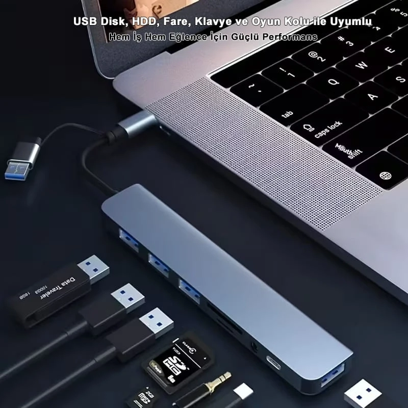 8 In 1 Usb Çoklayıcı Type-C USB 2.0-3.0 Audio 3.5 Tf Sd Çevirici Adaptör Çok Portlu Çoklayıcı USB Hub