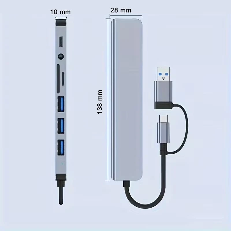8 In 1 Usb Çoklayıcı Type-C USB 2.0-3.0 Audio 3.5 Tf Sd Çevirici Adaptör Çok Portlu Çoklayıcı USB Hub