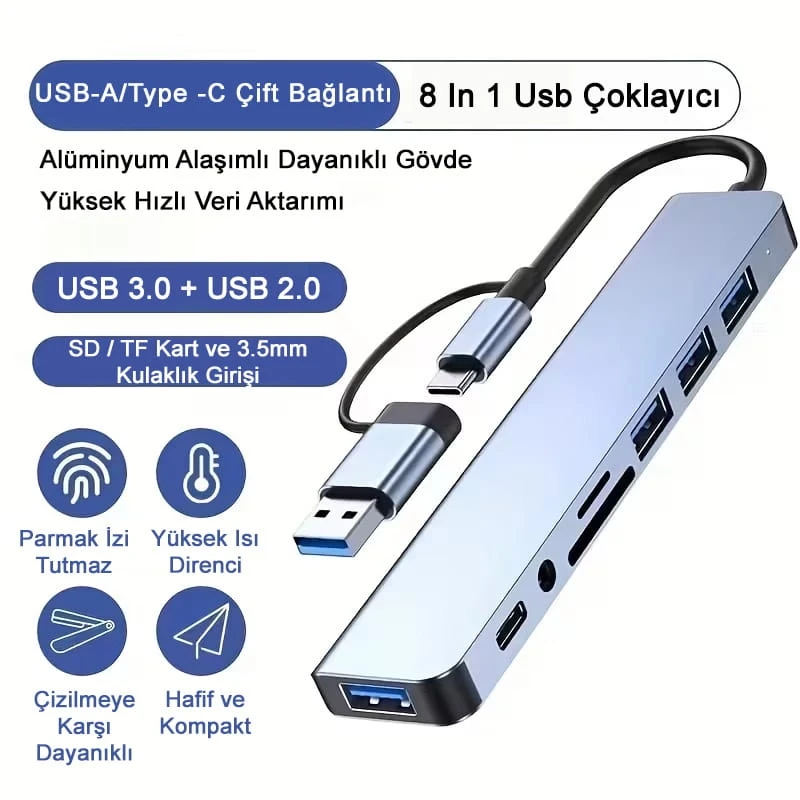 8 In 1 Usb Çoklayıcı Type-C USB 2.0-3.0 Audio 3.5 Tf Sd Çevirici Adaptör Çok Portlu Çoklayıcı USB Hub