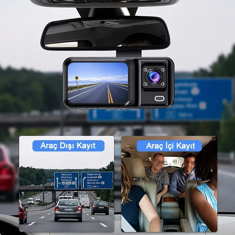MPIA 1080P Full Hd 3 Kameralı Wifi Özellikli Telefondan İzleme Arka Park Kamerası Sensörlü Lcd Ekranlı Araç Kamerası