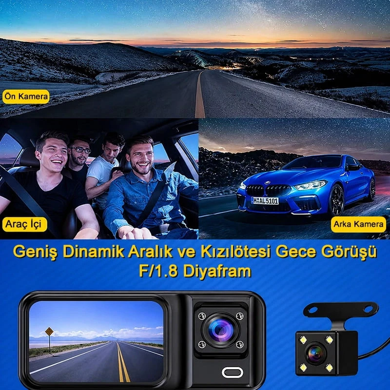 MPIA 1080P Full Hd 3 Kameralı Wifi Özellikli Telefondan İzleme Arka Park Kamerası Sensörlü Lcd Ekranlı Araç Kamerası