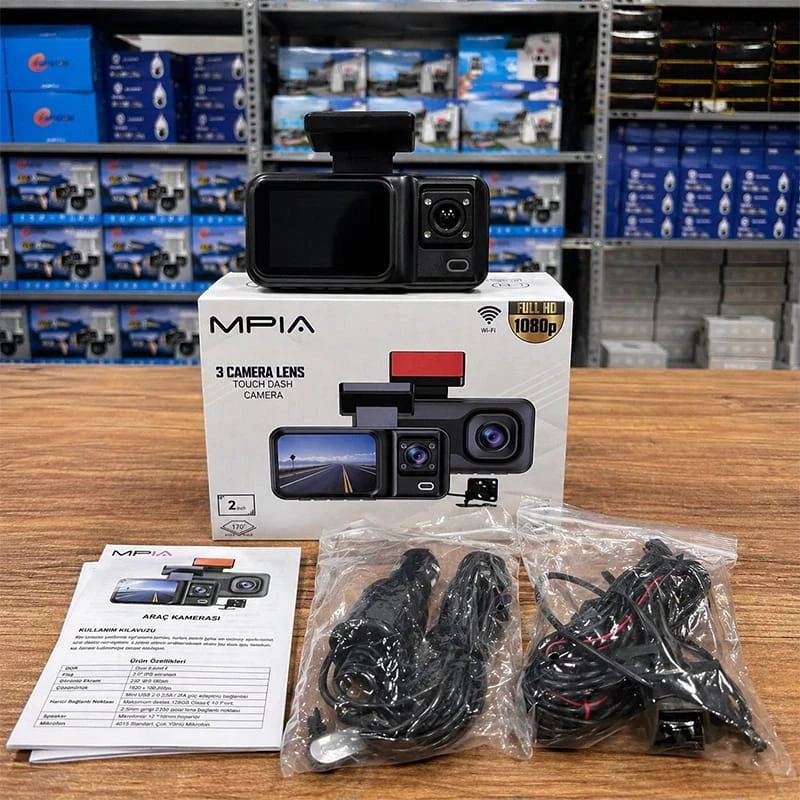 MPIA 1080P Full Hd 3 Kameralı Wifi Özellikli Telefondan İzleme Arka Park Kamerası Sensörlü Lcd Ekranlı Araç Kamerası