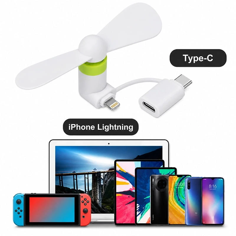 Telefon ve Powerbank Uyumlu Type C ve Lightning Başlıklı Mini Serinletici Vantilatör Mini Fan