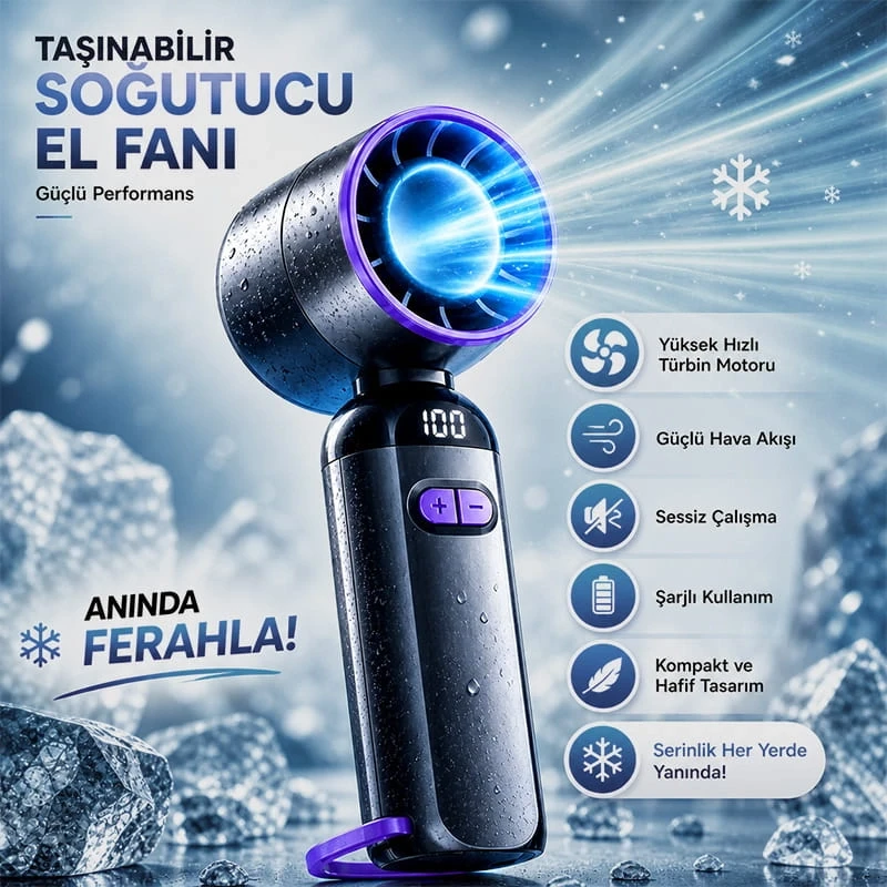 Katlanır El Tipi Turbo Fan Serinletici Vantilatör 100 Kademeli El Fanı Soğutucu Vantilatör