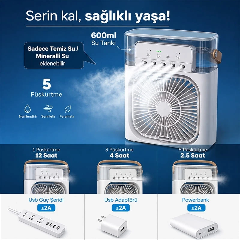 Işıklı 600 ml 5 Spreyli Vantilatör Buzlu Buharlı Mini Klima Mini Fan