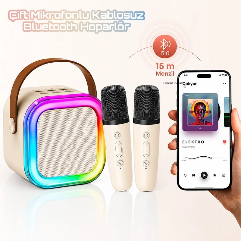 Çift Mikrofonlu Kablosuz Bluetooth Hoparlör Karaoke Mikrofon 5 Ses Efektli Rgb Ses Bombası Usb Sd FM Radyo
