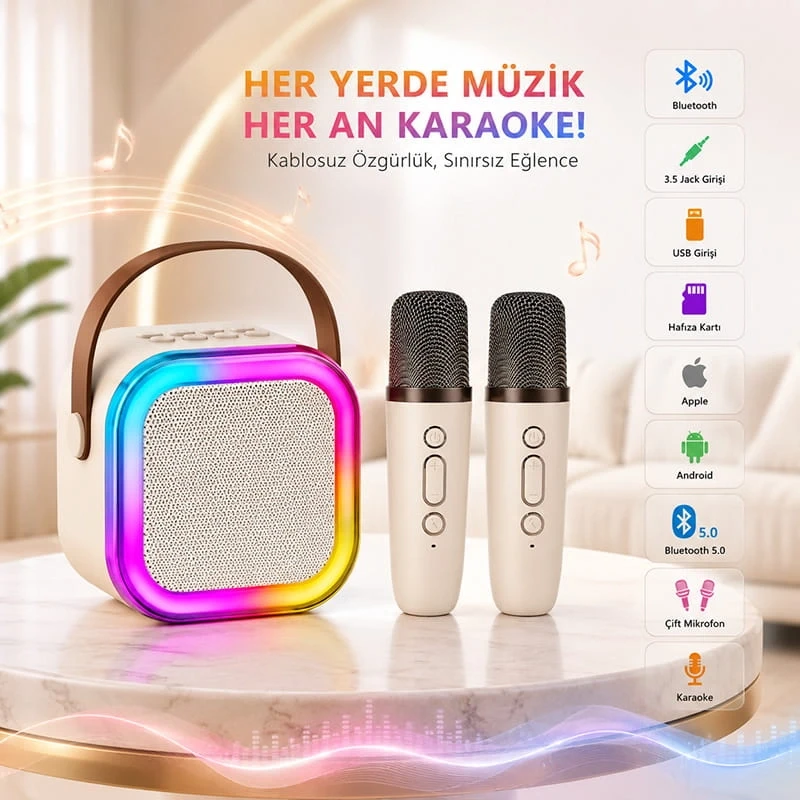 Çift Mikrofonlu Kablosuz Bluetooth Hoparlör Karaoke Mikrofon 5 Ses Efektli Rgb Ses Bombası Usb Sd FM Radyo