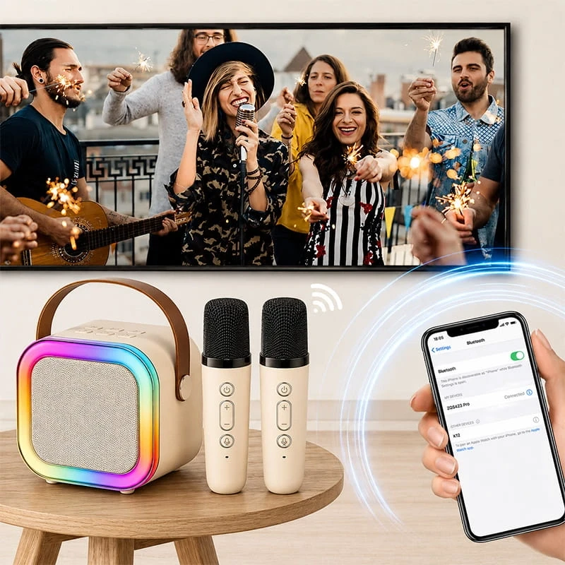Çift Mikrofonlu Kablosuz Bluetooth Hoparlör Karaoke Mikrofon 5 Ses Efektli Rgb Ses Bombası Usb Sd FM Radyo