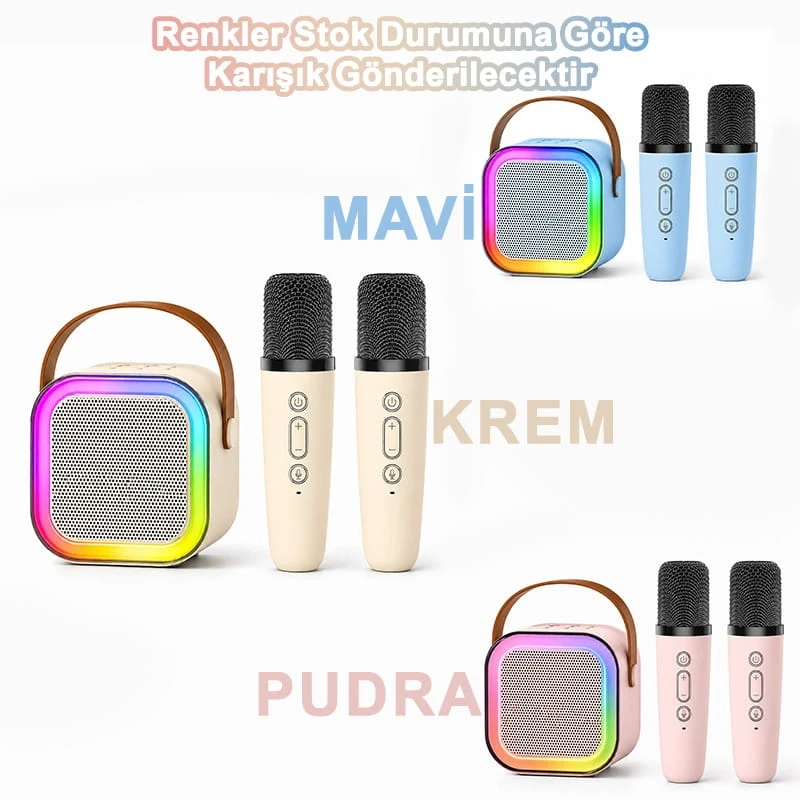 Çift Mikrofonlu Kablosuz Bluetooth Hoparlör Karaoke Mikrofon 5 Ses Efektli Rgb Ses Bombası Usb Sd FM Radyo