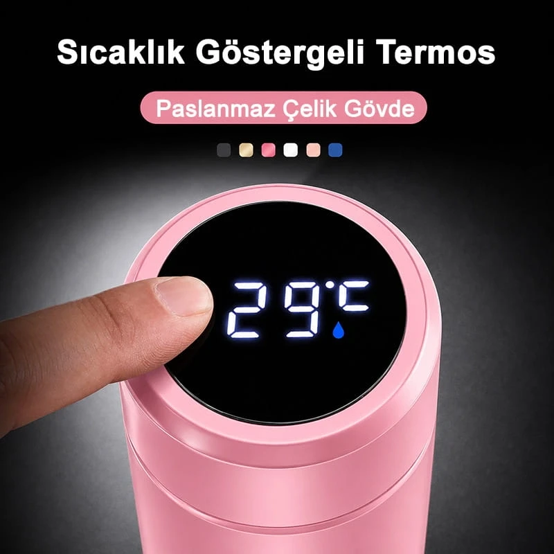 Pembe Dijital Sıcaklık Göstergeli Termos 500 ml