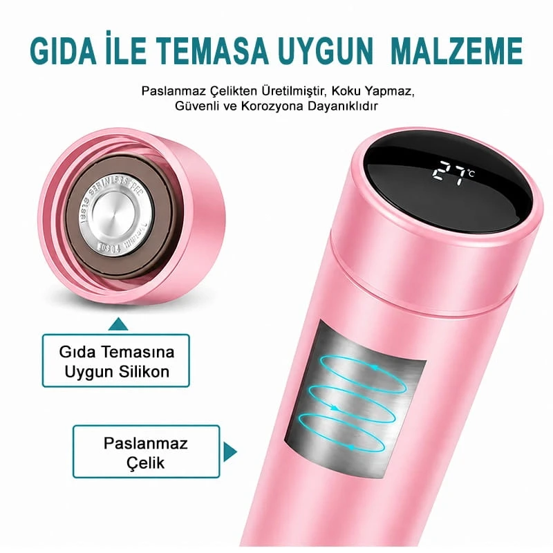 Pembe Dijital Sıcaklık Göstergeli Termos 500 ml