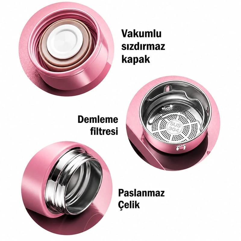 Pembe Dijital Sıcaklık Göstergeli Termos 500 ml