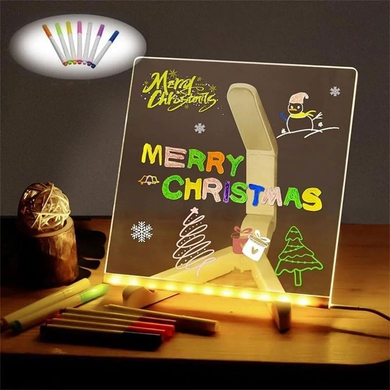 Led Işıklı Yazı Çizim Tahtası 20 x 20 cm 7 Kalem ve Stant Hediyeli Neon Işıklı Eğitici Not Tahtası