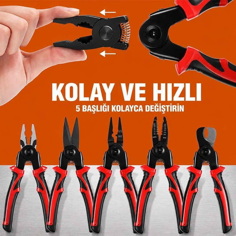 5 Başlıklı Profesyonel Pense Seti Değiştirilebilir Başlıklı Çok Fonksiyonlu Yüksek Kaliteli Malzeme