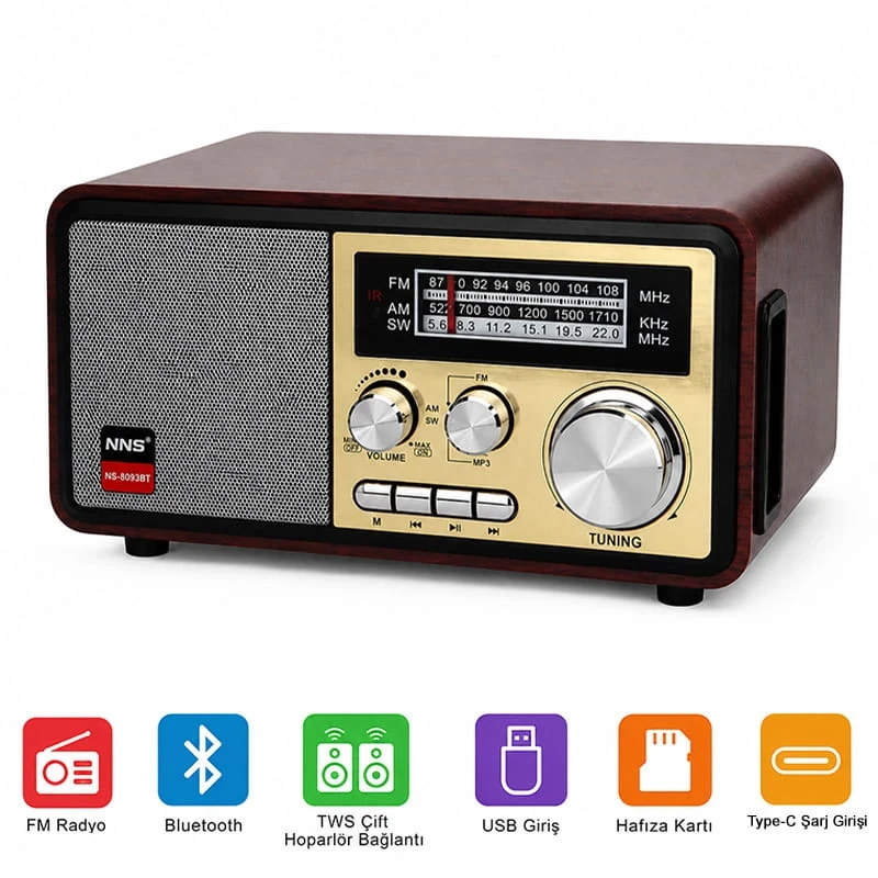 Retro Ahşap Bluetooth Hoparlör Radyo Profesyonel Stereo Ses TWS Mp3 Çalar FM USB TF Aux Girişlli