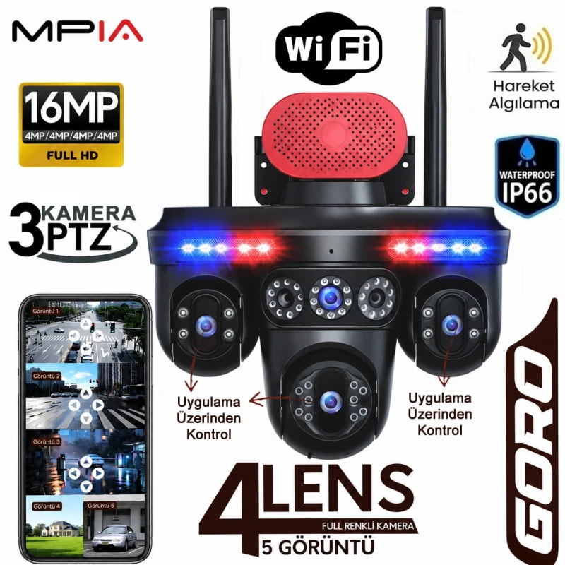 MPIA GORO Premium Wifi Özellikli 16MP 4 Kameralı 5 Görüntülü 3 PTZ li Renkli Gece Görüşlü Güvenlik Kamerası