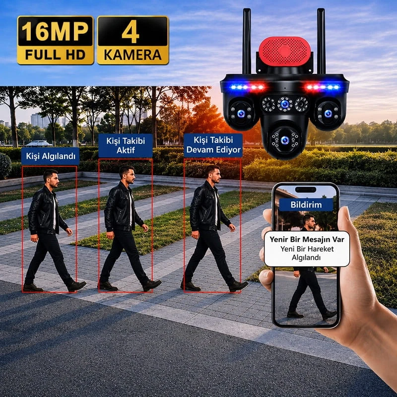 MPIA GORO Premium Wifi Özellikli 16MP 4 Kameralı 5 Görüntülü 3 PTZ li Renkli Gece Görüşlü Güvenlik Kamerası