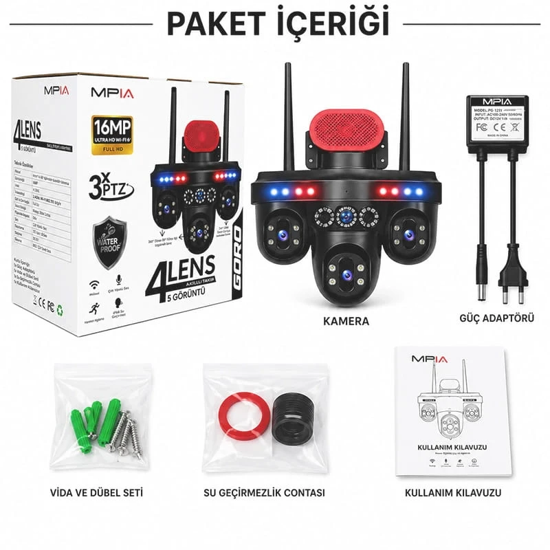 MPIA GORO Premium Wifi Özellikli 16MP 4 Kameralı 5 Görüntülü 3 PTZ li Renkli Gece Görüşlü Güvenlik Kamerası