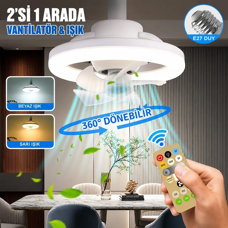 Döner Başlıklı Led Işıklı Tavan Vantilatörü Uzaktan Kumandalı Vantilatör Lamba Led Işıklı Fan