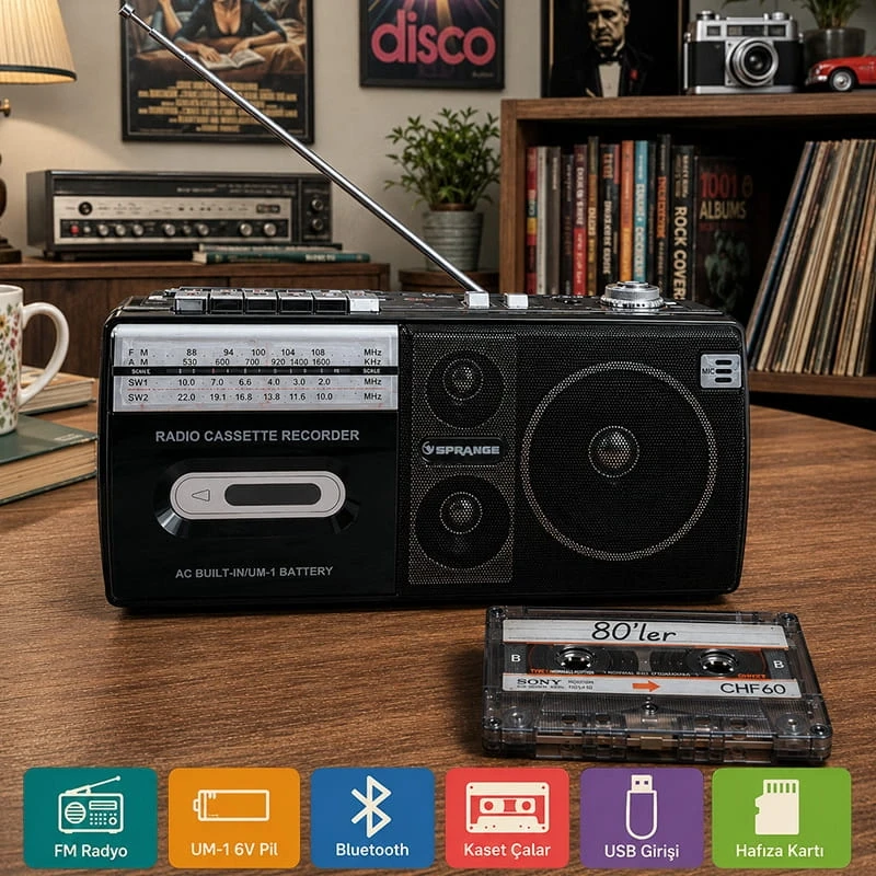 Retro Kaset Çalar Bluetooth Hoparlör 4 Band Radyo Mp3 Çalar FM USB TF Aux Girişli Siyah