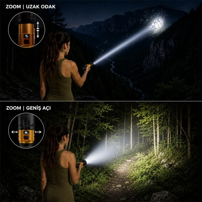 4000 Lümen 40W Ultra Güçlü Profesyonel Zoomlu Şarjlı El Feneri