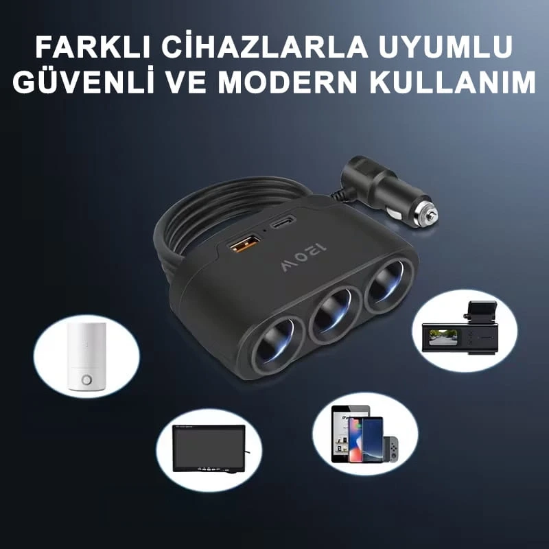 3 Lü Çakmaklık Çoğaltıcı Soket 120W Usb 2 Type-C Araç Şarj Cihazı Çakmaklık Çoklayıcı Çoğaltıcı