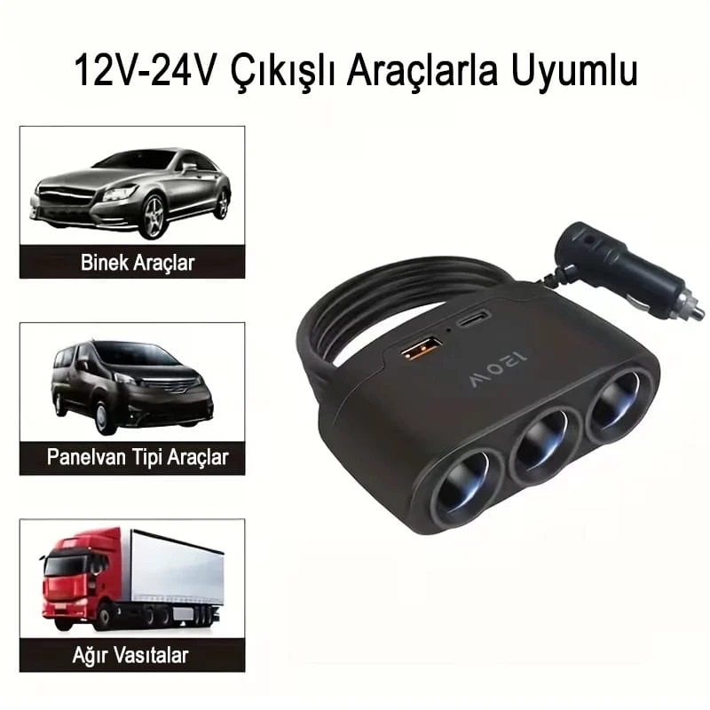 3 Lü Çakmaklık Çoğaltıcı Soket 120W Usb 2 Type-C Araç Şarj Cihazı Çakmaklık Çoklayıcı Çoğaltıcı