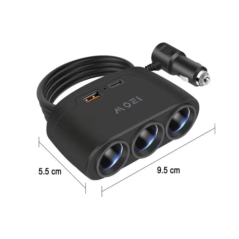 3 Lü Çakmaklık Çoğaltıcı Soket 120W Usb 2 Type-C Araç Şarj Cihazı Çakmaklık Çoklayıcı Çoğaltıcı