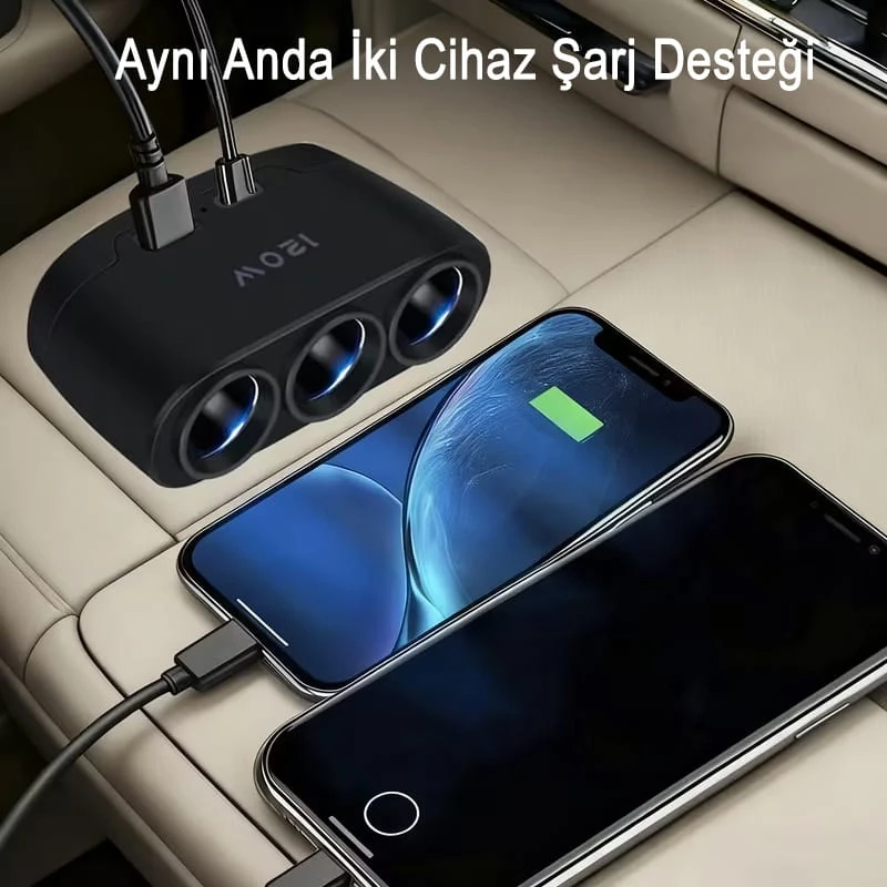 3 Lü Çakmaklık Çoğaltıcı Soket 120W Usb 2 Type-C Araç Şarj Cihazı Çakmaklık Çoklayıcı Çoğaltıcı