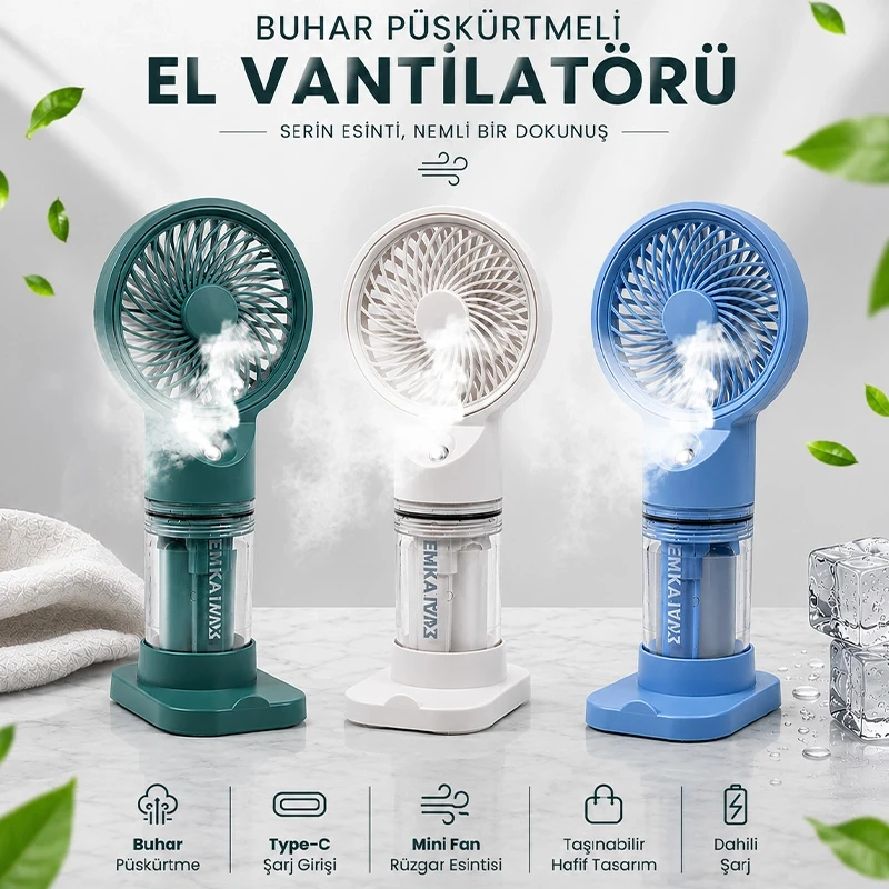 Su Püskürtmeli Su Hazneli Mini El Fanı Şarjlı Soğutucu Vantilatör