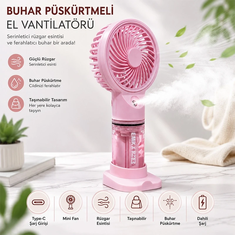 Su Püskürtmeli Su Hazneli Mini El Fanı Şarjlı Soğutucu Vantilatör Pembe