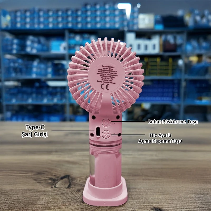 Su Püskürtmeli Su Hazneli Mini El Fanı Şarjlı Soğutucu Vantilatör Pembe