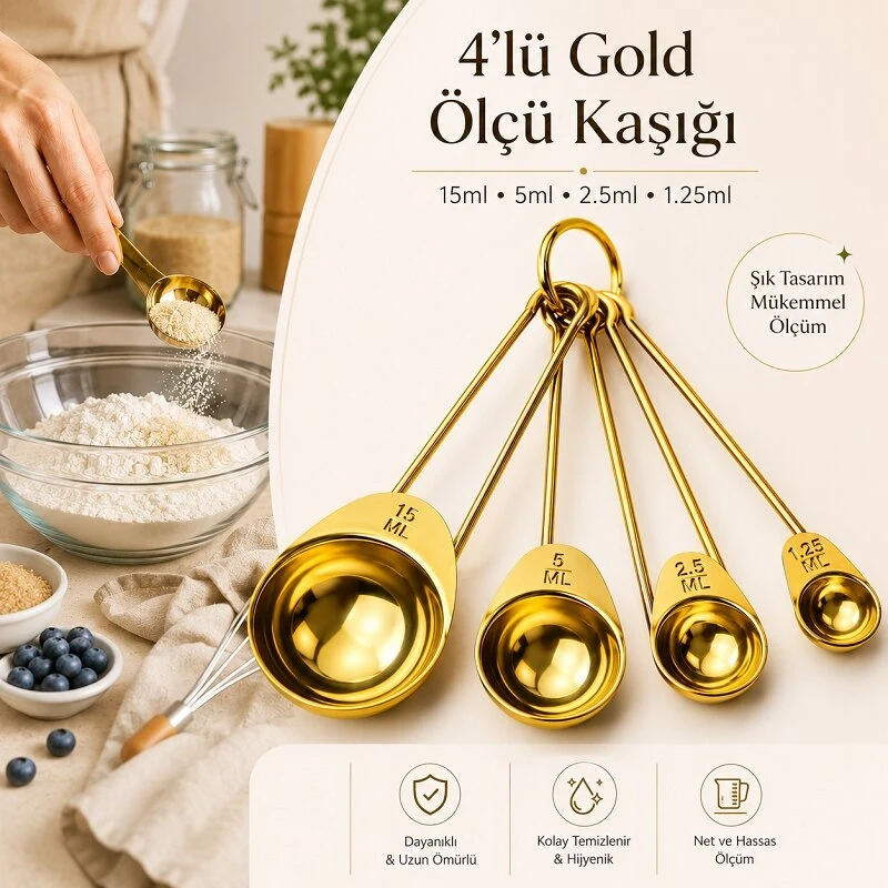 4 Adet Paslanmaz Çelik Ölçü Kaşığı Seti Ölçü Kabı 1.25ml 2.5ml 5ml 15ml