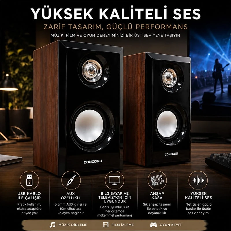 Ahşap Desen Usb Hoparlör Subwoofer 1 + 1 Pc Ses Sistemi C-8003 Bilgisayar Hoparlörü